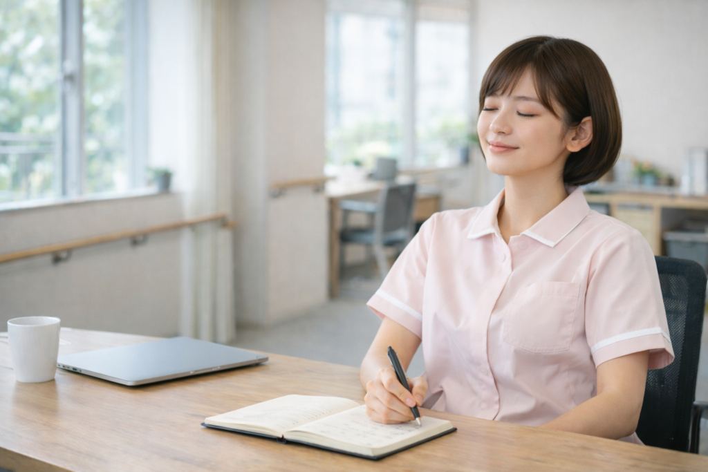 介護職について考えた後に納得した表情の女性スタッフ