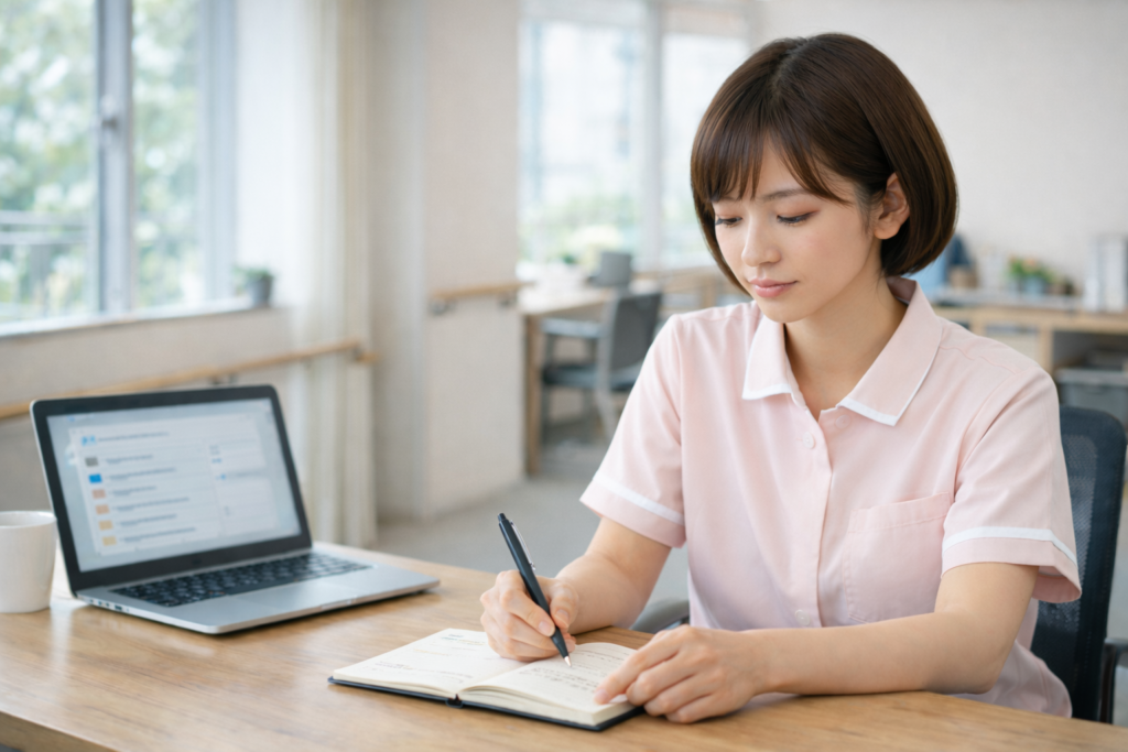 介護職で失敗しないための行動計画を立てる女性スタッフ