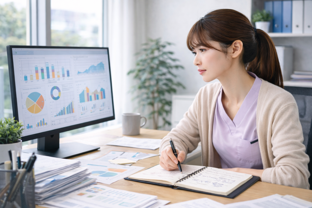 複数の業界データやグラフを分析しながら人手不足の状況を確認する女性会社員