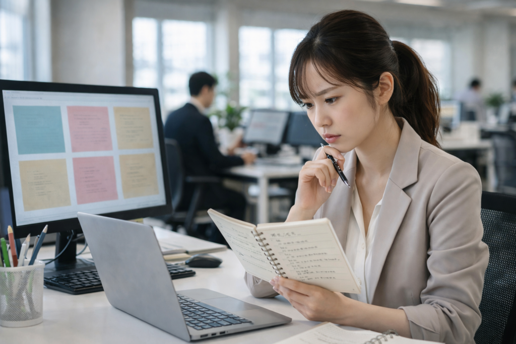 介護職のデメリットを分析している様子