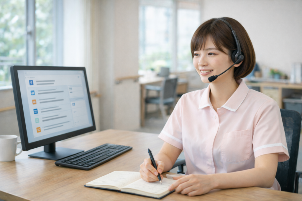 介護職に関する疑問に丁寧に答える女性スタッフ