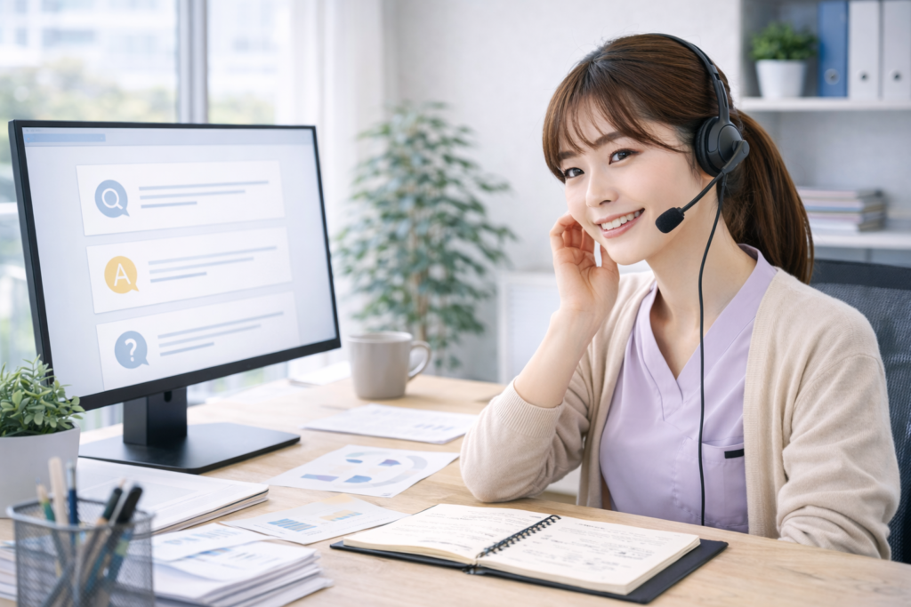 人手不足に関する疑問にヘッドセットで丁寧に答える女性会社員