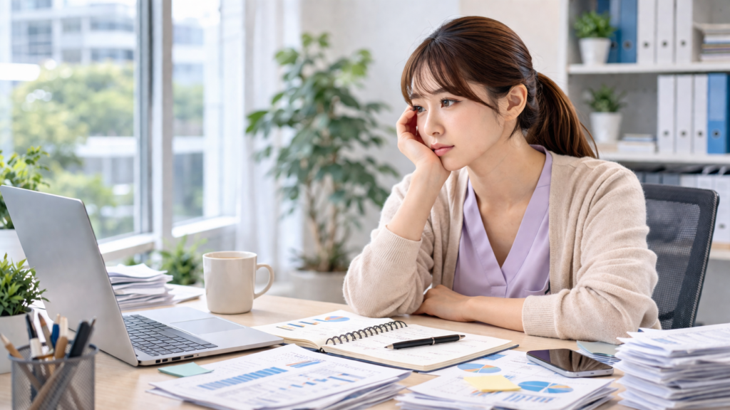人手不足による仕事の負担に悩みながら考える女性会社員