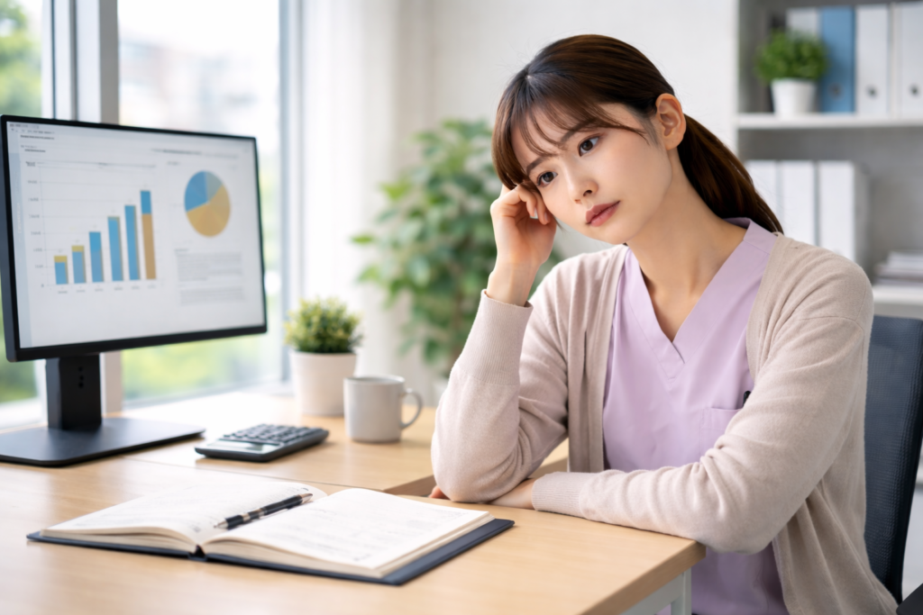 介護職の仕事の大変さや給料の悩みについて考える女性