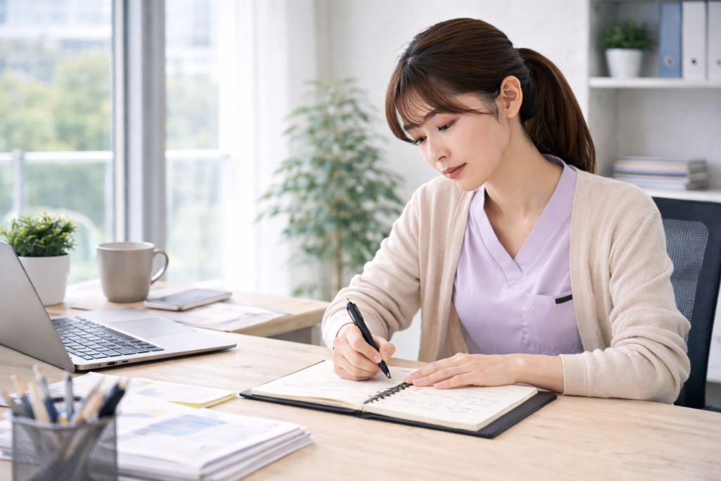 人手不足の時代に向けてキャリアプランを考えノートに書き込む女性会社員