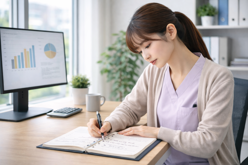 介護職で収入を上げるためのキャリアプランを考える女性