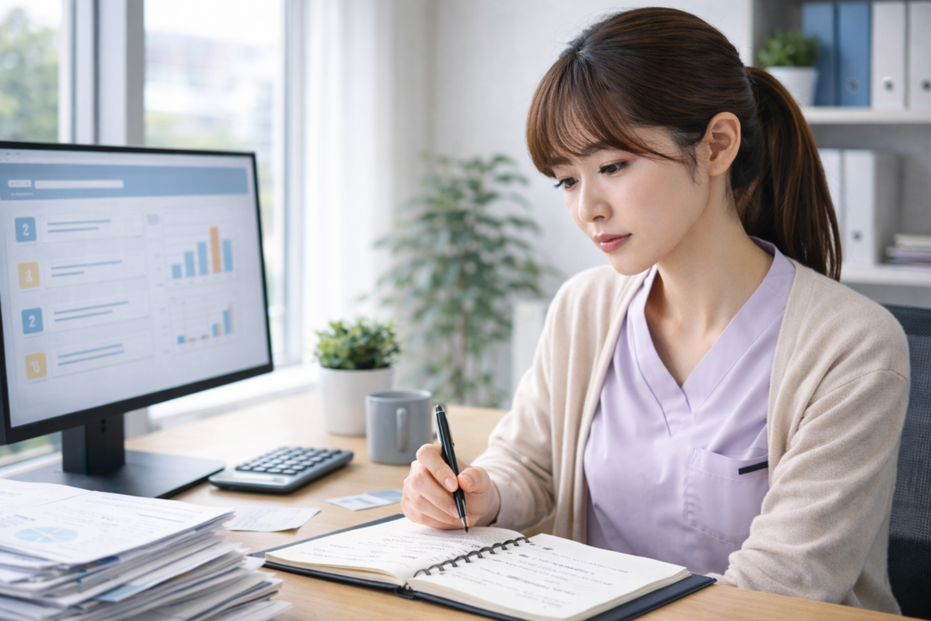 人手不足の原因や働き方について分析しながら考える女性会社員