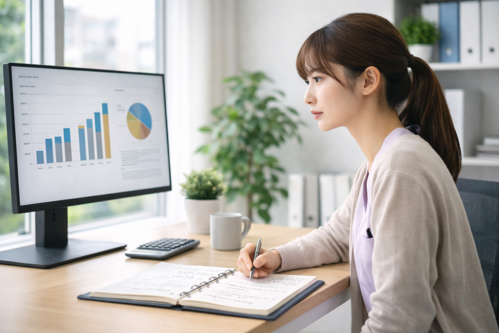 介護職の給料データや年収グラフを分析する女性"