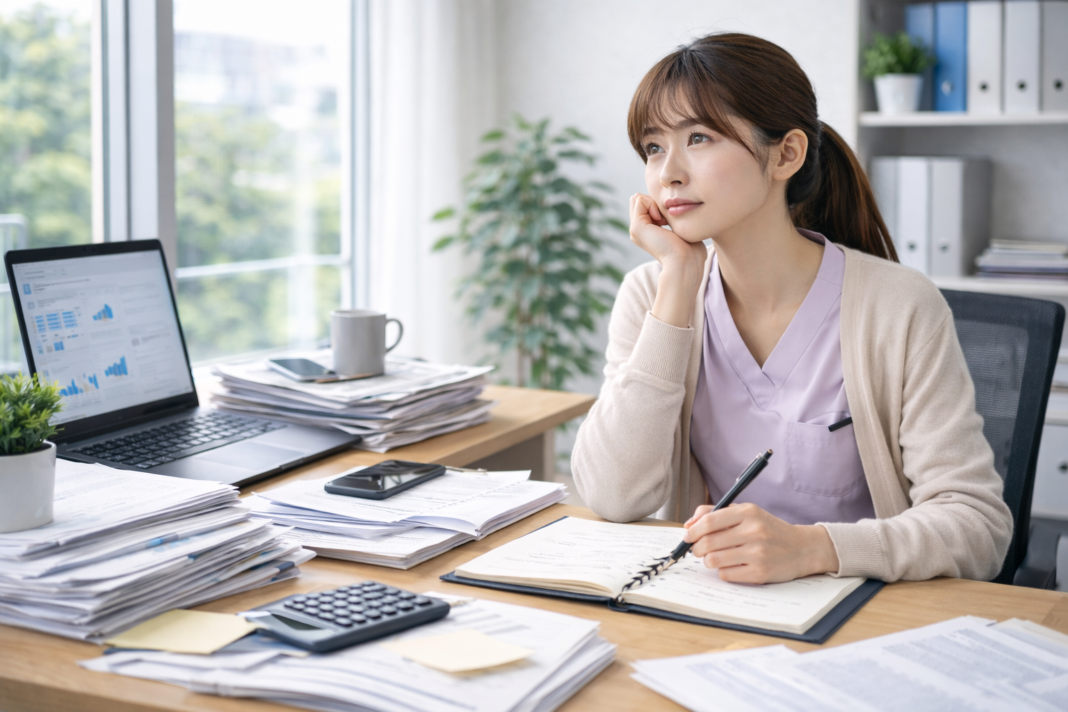 人手不足による業務過多に悩みながら仕事をこなす女性会社員