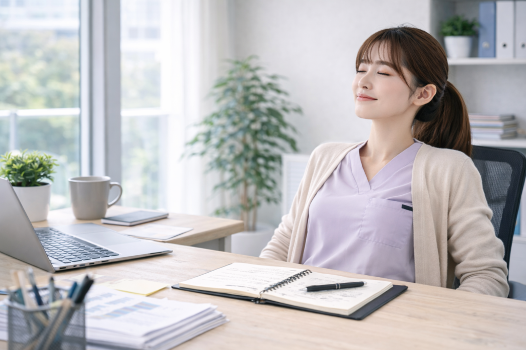 仕事を終えて安心し満足した表情でリラックスする女性会社員