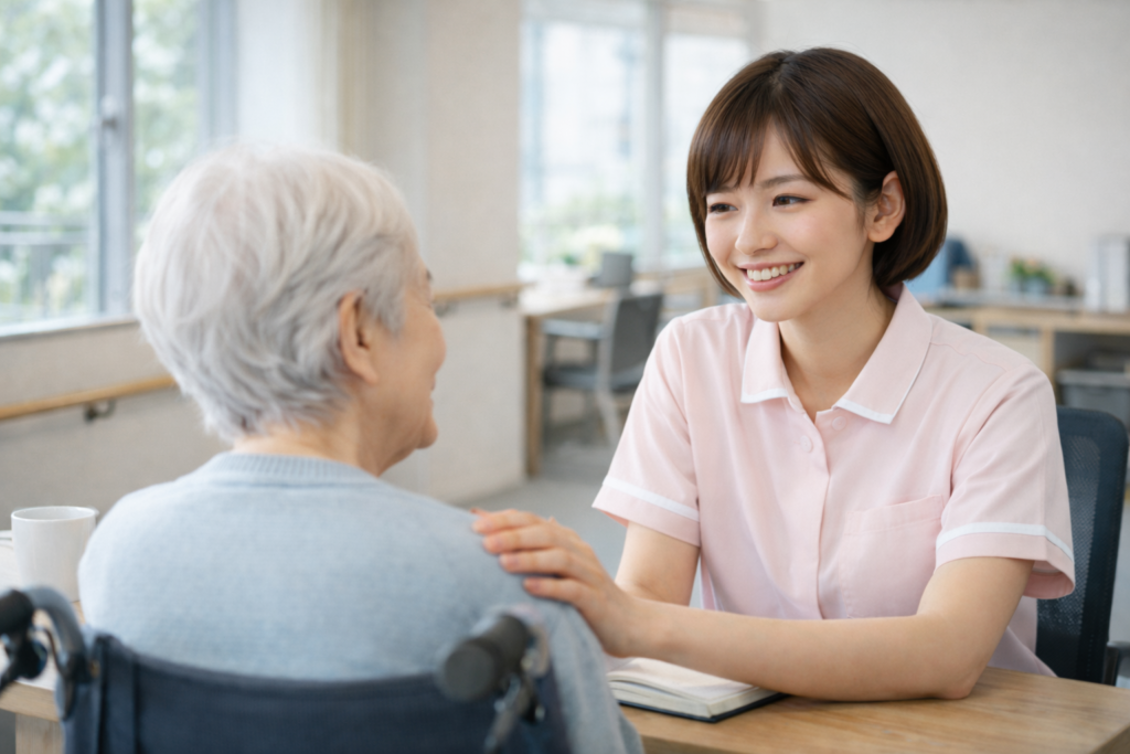 利用者と笑顔でコミュニケーションを取る介護スタッフ