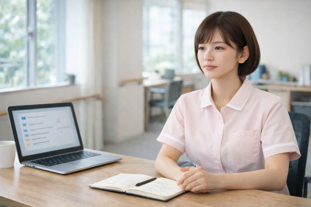 介護職をやめるべきか冷静に判断している女性スタッフ