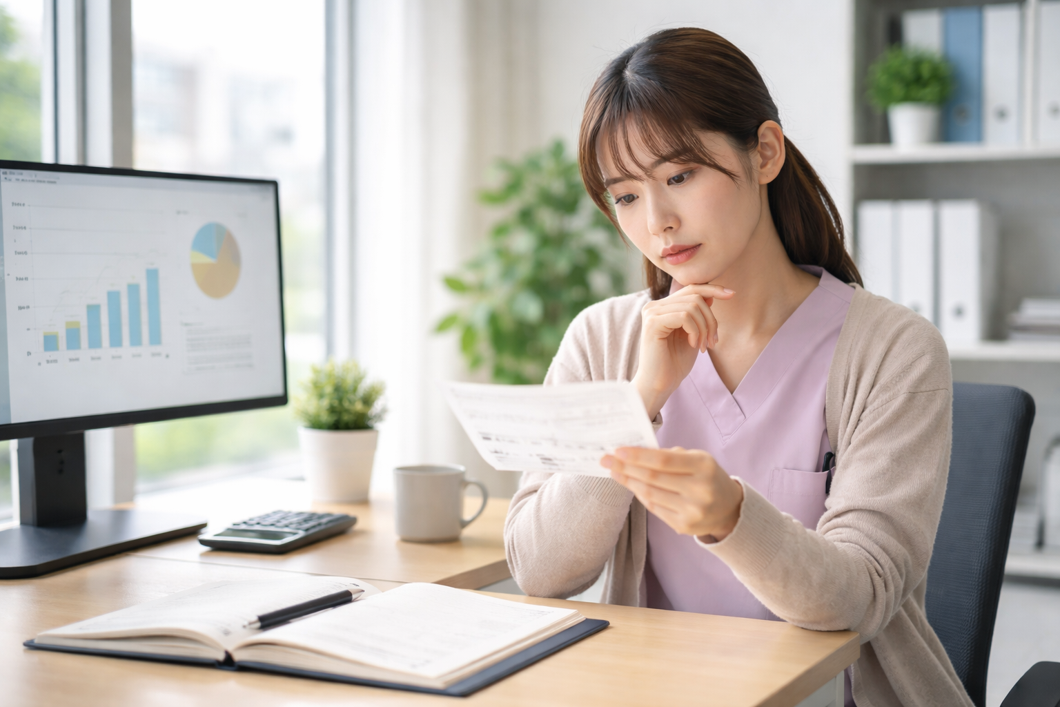 介護職の給料に悩みながら給与明細を確認する女性"