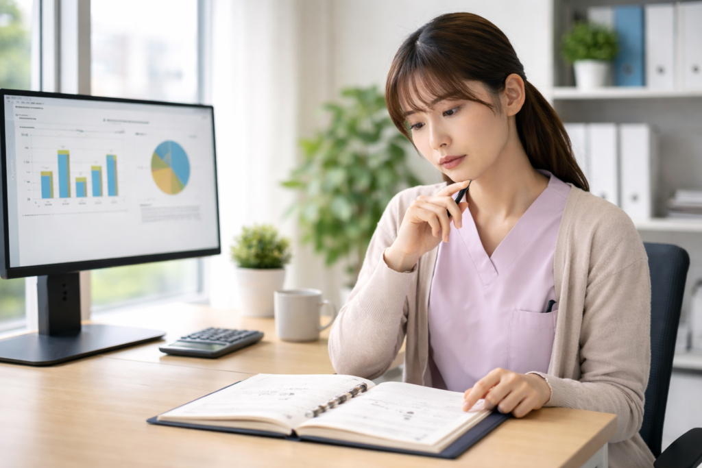 alt="介護職の給料や働き方を比較しながら考える女性"