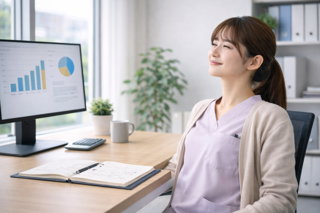 介護職の働き方や給料に納得し安心した表情の女性