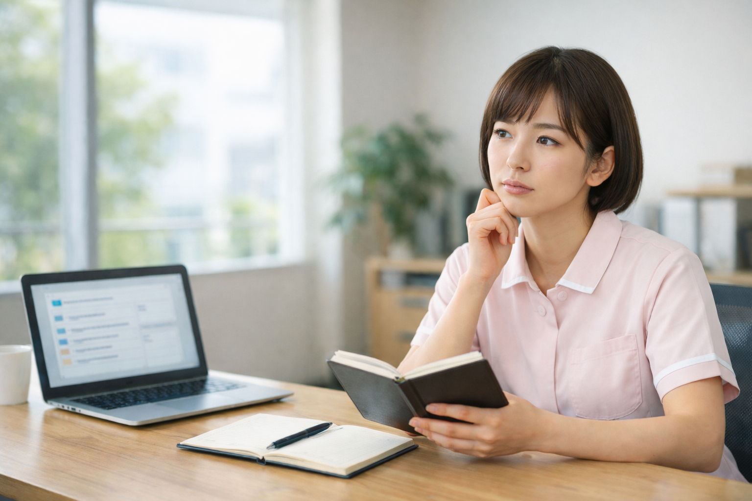 介護職の仕事について悩みながら考える女性