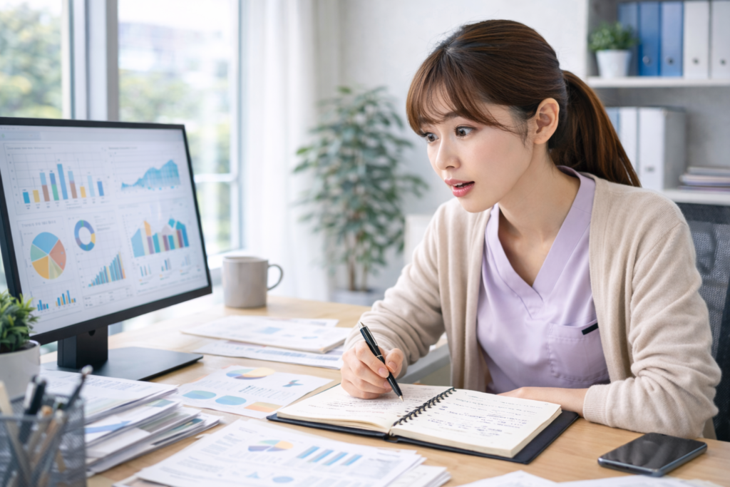 人手不足の本当の原因に気づき驚きながら考える女性会社員